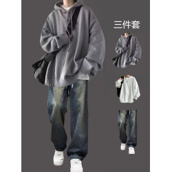 日系連帽毛衣男三件套慵懶風秋冬青少年寬松高級感潮牌針織衫套裝