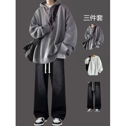 日系連帽毛衣男三件套慵懶風秋冬青少年寬松高級感潮牌針織衫套裝