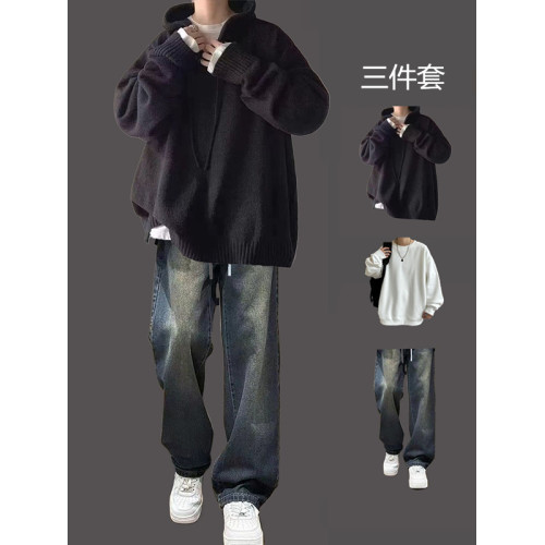 日系連帽毛衣男三件套慵懶風秋冬青少年寬松高級感潮牌針織衫套裝