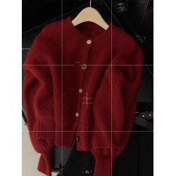 小香風新年酒紅色針織開衫女秋冬高級感軟糯仿浣熊絨毛衣外套上衣