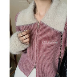 粉色雙拉鍊翻領水貂絨袖口拼接毛衣女冬季短款高級感內搭針織開衫