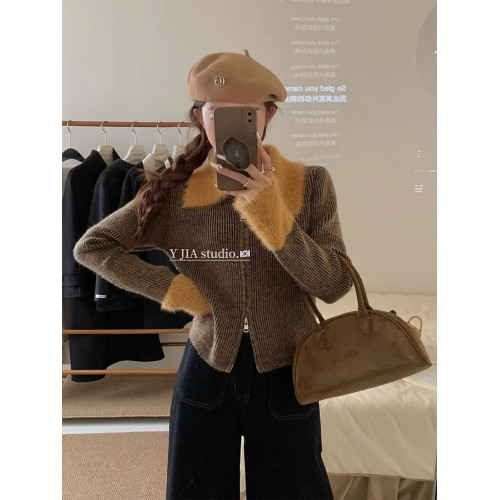 粉色雙拉鍊翻領水貂絨袖口拼接毛衣女冬季短款高級感內搭針織開衫 粉色雙拉鍊翻領水貂絨袖口拼接毛衣女冬季短款高級感內搭針織開衫