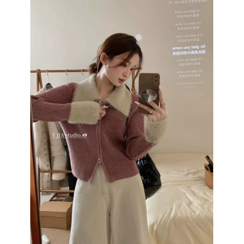 粉色雙拉鍊翻領水貂絨袖口拼接毛衣女冬季短款高級感內搭針織開衫 粉色雙拉鍊翻領水貂絨袖口拼接毛衣女冬季短款高級感內搭針織開衫