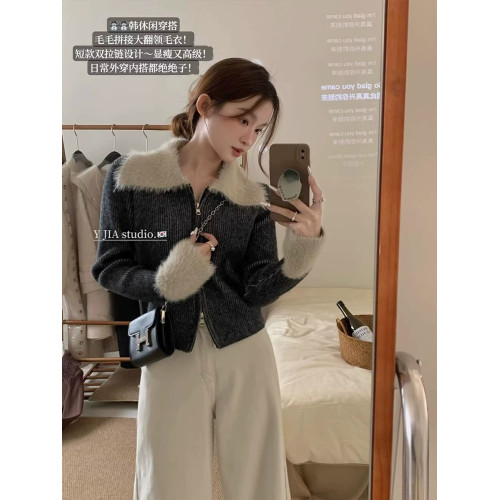 粉色雙拉鍊翻領水貂絨袖口拼接毛衣女冬季短款高級感內搭針織開衫 粉色雙拉鍊翻領水貂絨袖口拼接毛衣女冬季短款高級感內搭針織開衫