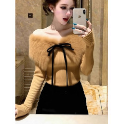 純欲甜辣妹修身短款毛領拼接毛衣針織打底衫女內搭秋冬一字肩上衣