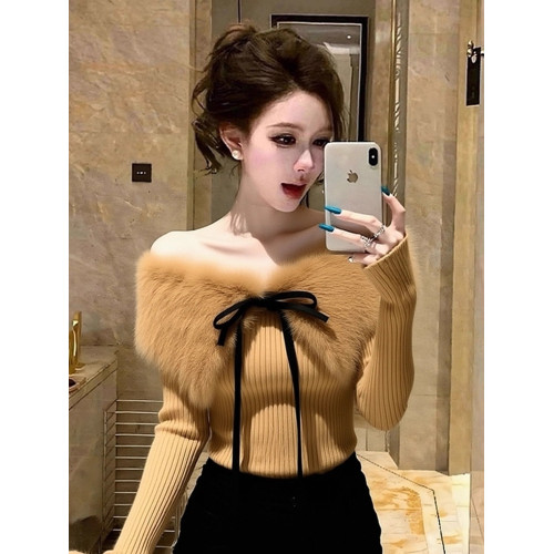 純欲甜辣妹修身短款毛領拼接毛衣針織打底衫女內搭秋冬一字肩上衣