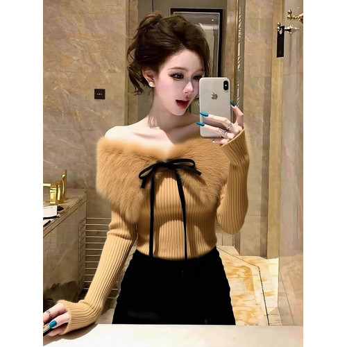 純欲甜辣妹修身短款毛領拼接毛衣針織打底衫女內搭秋冬一字肩上衣