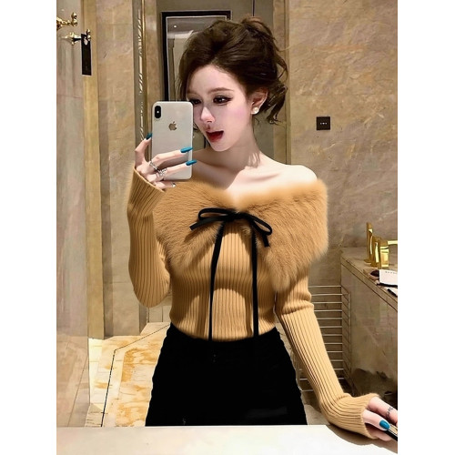 純欲甜辣妹修身短款毛領拼接毛衣針織打底衫女內搭秋冬一字肩上衣