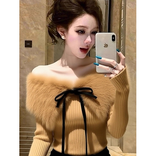 純欲甜辣妹修身短款毛領拼接毛衣針織打底衫女內搭秋冬一字肩上衣