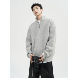 美式雙拉鍊開衫毛衣男冬高街立領針織衫外套潮牌百搭休閒情侶上衣