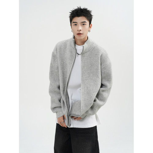 美式雙拉鍊開衫毛衣男冬高街立領針織衫外套潮牌百搭休閒情侶上衣