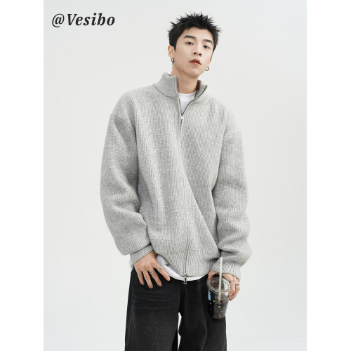 美式雙拉鍊開衫毛衣男冬高街立領針織衫外套潮牌百搭休閒情侶上衣