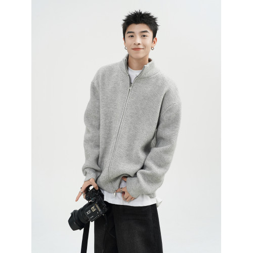 美式雙拉鍊開衫毛衣男冬高街立領針織衫外套潮牌百搭休閒情侶上衣
