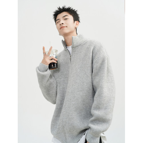 美式雙拉鍊開衫毛衣男冬高街立領針織衫外套潮牌百搭休閒情侶上衣