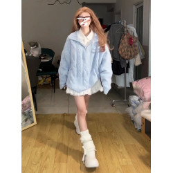 韓系藍色套頭毛衣女秋冬季2025新款慵懶高級感穿搭寬松針織衫上衣