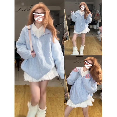 韓系藍色套頭毛衣女秋冬季2025新款慵懶高級感穿搭寬松針織衫上衣