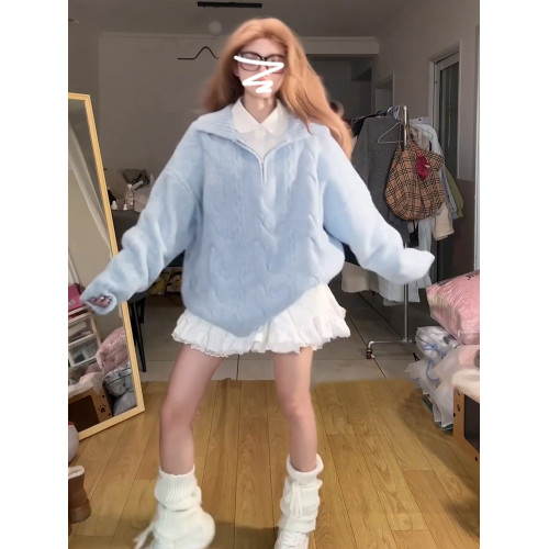 韓系藍色套頭毛衣女秋冬季2025新款慵懶高級感穿搭寬松針織衫上衣