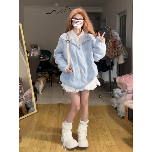 韓系藍色套頭毛衣女秋冬季2025新款慵懶高級感穿搭寬松針織衫上衣