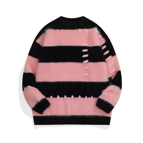 秋冬季日系軟糯水貂絨條紋毛衣男女外穿設計感情侶裝針織衫外套潮