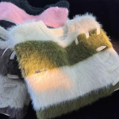 秋冬季日系軟糯水貂絨條紋毛衣男女外穿設計感情侶裝針織衫外套潮