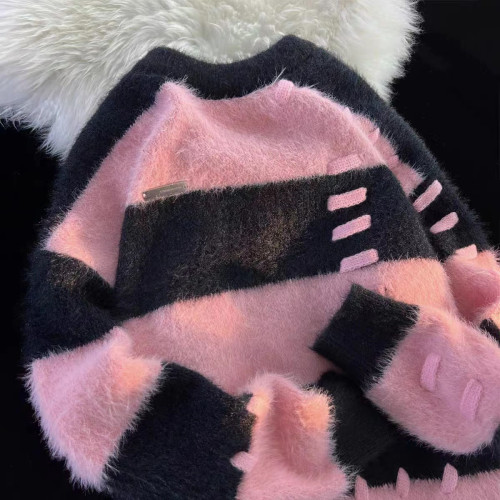 秋冬季日系軟糯水貂絨條紋毛衣男女外穿設計感情侶裝針織衫外套潮