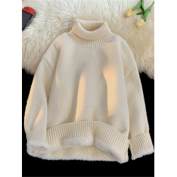 秋冬純色高領毛衣男加絨加厚寬松簡約翻領針織衫保暖內搭長袖潮流