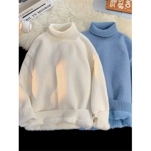 秋冬純色高領毛衣男加絨加厚寬松簡約翻領針織衫保暖內搭長袖潮流