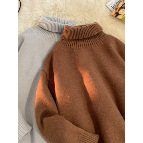 秋冬純色高領毛衣男加絨加厚寬松簡約翻領針織衫保暖內搭長袖潮流