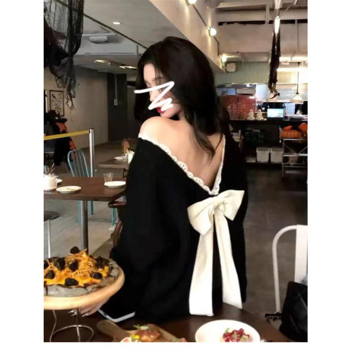 黑色蝴蝶結露背v領毛衣女春秋2025新款慵懶風高級感寬松針織上衣 黑色蝴蝶結露背v領毛衣女春秋2025新款慵懶風高級感寬松針織上衣