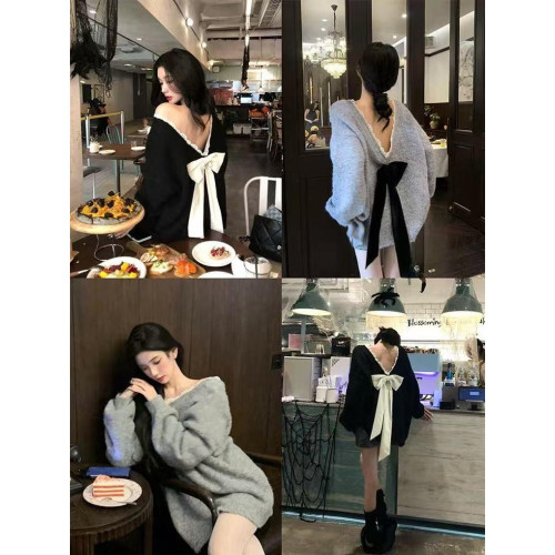 黑色蝴蝶結露背v領毛衣女春秋2025新款慵懶風高級感寬松針織上衣 黑色蝴蝶結露背v領毛衣女春秋2025新款慵懶風高級感寬松針織上衣