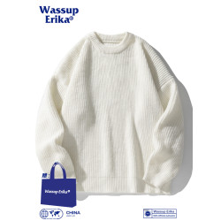 WASSUP ERIKA潮牌圓領純色毛衣男秋冬長袖針織衫黑色休閒線衣外套