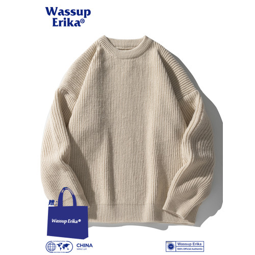 WASSUP ERIKA潮牌圓領純色毛衣男秋冬長袖針織衫黑色休閒線衣外套