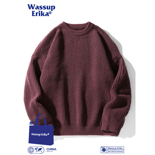 WASSUP ERIKA潮牌圓領純色毛衣男秋冬長袖針織衫黑色休閒線衣外套