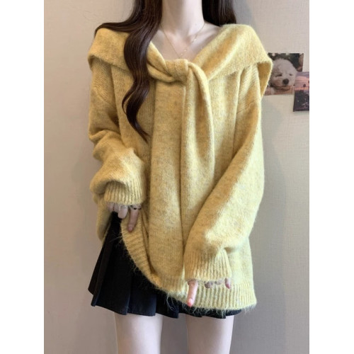 假兩件披肩海軍領黃色正肩毛衣女2025秋冬大碼胖mm中長款針織上衣 假兩件披肩海軍領黃色正肩毛衣女2025秋冬大碼胖mm中長款針織上衣