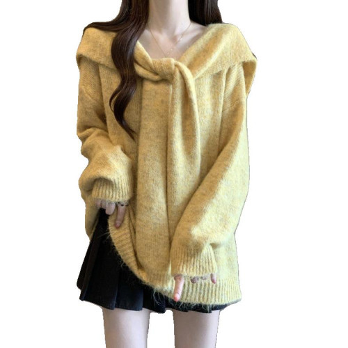 假兩件披肩海軍領黃色正肩毛衣女2025秋冬大碼胖mm中長款針織上衣 假兩件披肩海軍領黃色正肩毛衣女2025秋冬大碼胖mm中長款針織上衣