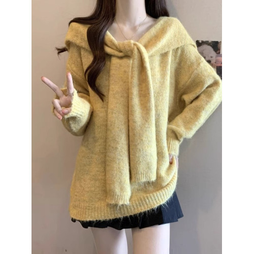 假兩件披肩海軍領黃色正肩毛衣女2025秋冬大碼胖mm中長款針織上衣 假兩件披肩海軍領黃色正肩毛衣女2025秋冬大碼胖mm中長款針織上衣