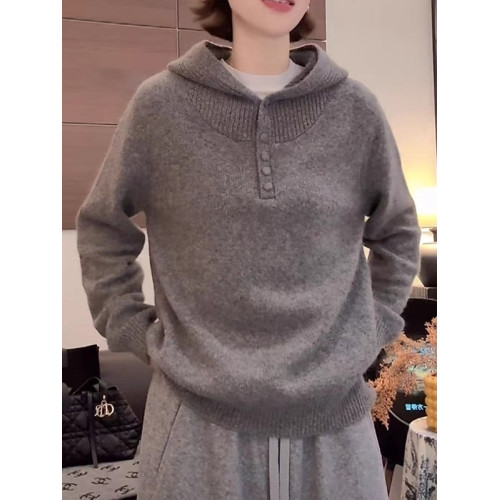 灰色連帽毛衣女大碼胖MM秋冬慵懶風寬松顯瘦減齡洋氣針織帽衫上衣 灰色連帽毛衣女大碼胖MM秋冬慵懶風寬松顯瘦減齡洋氣針織帽衫上衣