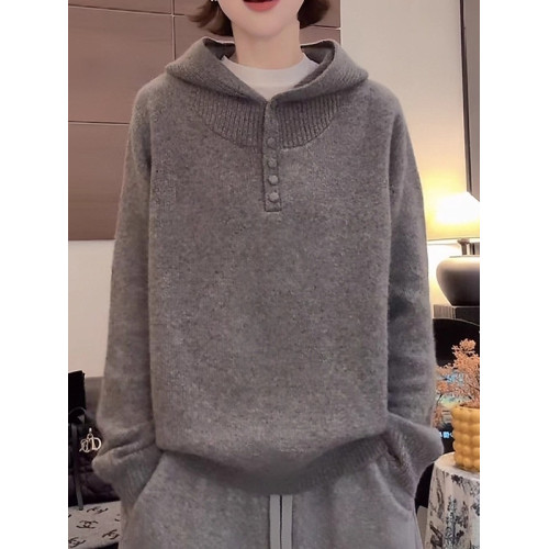 灰色連帽毛衣女大碼胖MM秋冬慵懶風寬松顯瘦減齡洋氣針織帽衫上衣 灰色連帽毛衣女大碼胖MM秋冬慵懶風寬松顯瘦減齡洋氣針織帽衫上衣