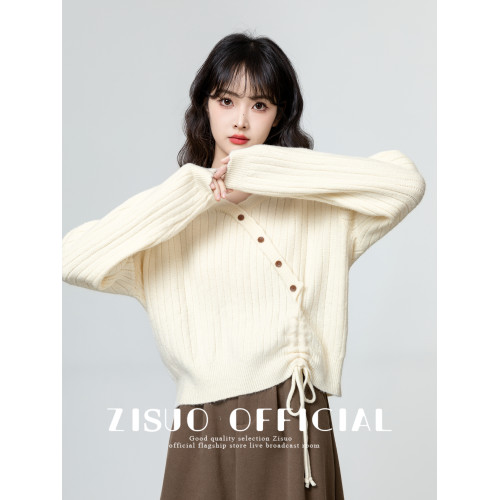 杏色慵懶風毛衣女2026春秋新款寬鬆抽繩設計感套頭v領針織衫上衣