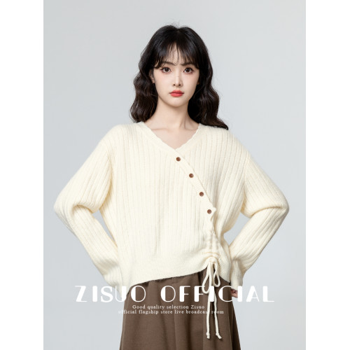 杏色慵懶風毛衣女2026春秋新款寬鬆抽繩設計感套頭v領針織衫上衣