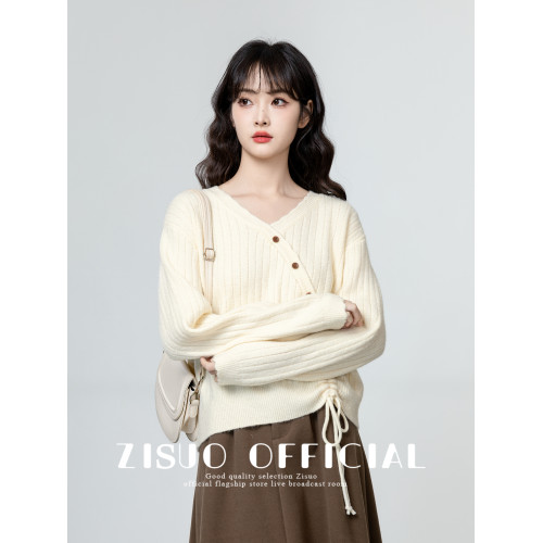 杏色慵懶風毛衣女2026春秋新款寬鬆抽繩設計感套頭v領針織衫上衣