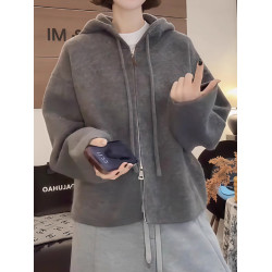 灰色連帽針織毛衣開衫外套女秋冬新款大碼胖MM韓系慵嬾風寬鬆上衣