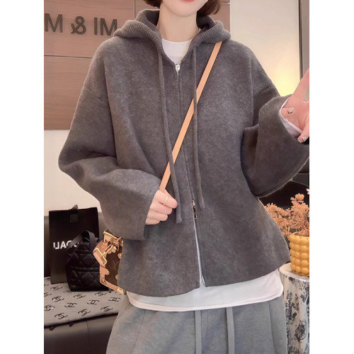 灰色連帽針織毛衣開衫外套女秋冬新款大碼胖MM韓系慵嬾風寬鬆上衣