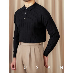 鹿三先生秋冬英倫修身翻領長袖POLO薄款羊毛+桑蠶絲打底針織衫男