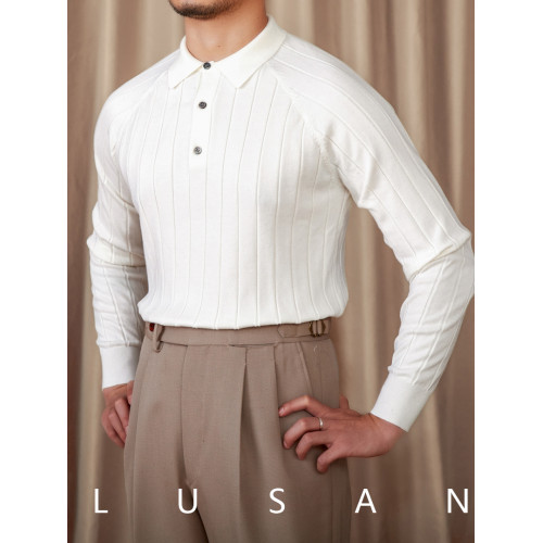 鹿三先生秋冬英倫修身翻領長袖POLO薄款羊毛+桑蠶絲打底針織衫男