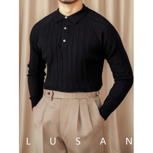 鹿三先生秋冬英倫修身翻領長袖POLO薄款羊毛+桑蠶絲打底針織衫男