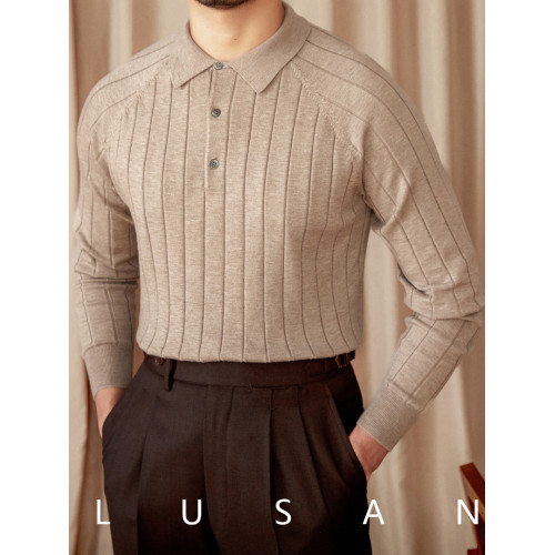 鹿三先生秋冬英倫修身翻領長袖POLO薄款羊毛+桑蠶絲打底針織衫男