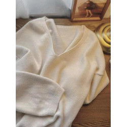 2025秋冬季新款V領純色長袖針織衫套頭上衣簡約寬松毛衣女打底衫