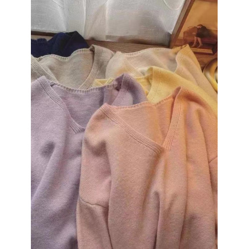 2025秋冬季新款V領純色長袖針織衫套頭上衣簡約寬松毛衣女打底衫