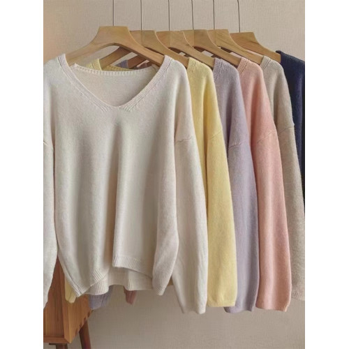 2025秋冬季新款V領純色長袖針織衫套頭上衣簡約寬松毛衣女打底衫